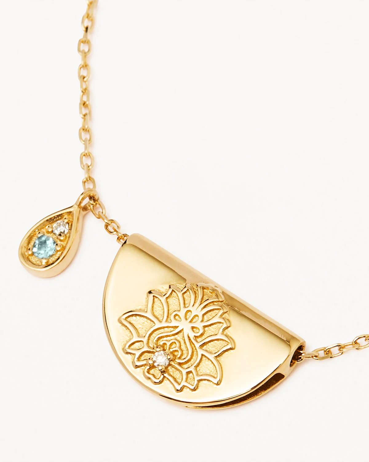 9k Solid Gold Lotus Birthstone Lab-Grown Diamond Necklace - March - Aquamarine - Image 4