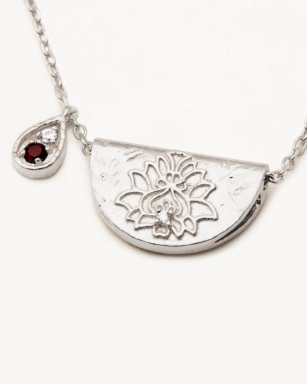Sterling Silver Lotus Birthstone Necklace - January - Garnet - Image 3