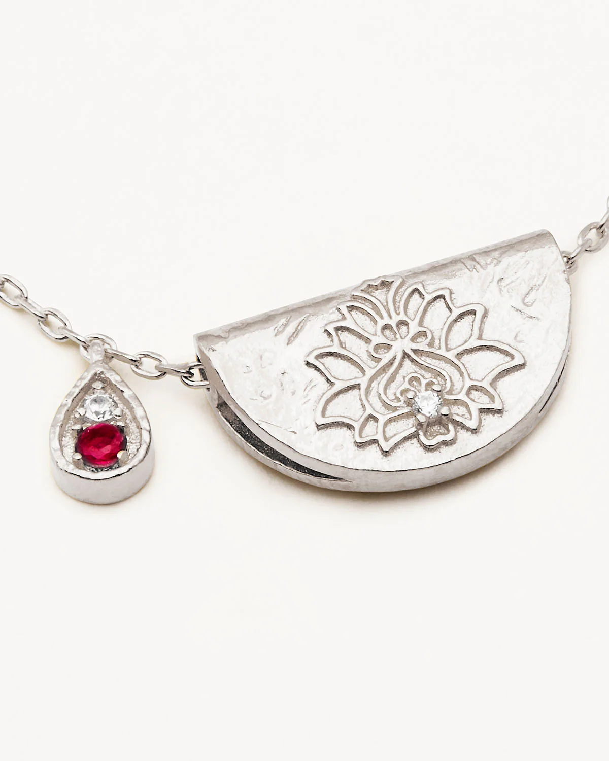 Sterling Silver Lotus Birthstone Necklace - July - Ruby - Image 3