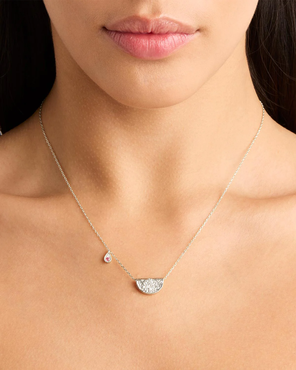 Sterling Silver Lotus Birthstone Necklace - October - Pink Tourmaline - Image 2